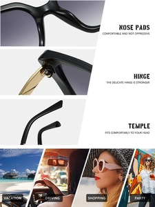 Detail view of reinforced hinges and nose pads with diverse lifestyle wearing scenes