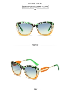 Detail of polygonal sunglasses featuring leopard print frames and blue-yellow gradient lenses