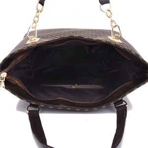 Deep brown monogram tote bag featuring large capacity with zipper closure and chain strap