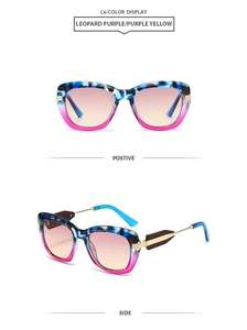 Detailed front and side views of leopard purple polygon sunglasses with gradient lenses