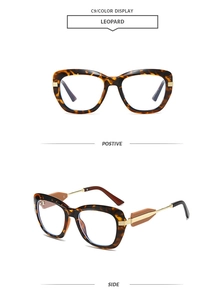 Detailed views of leopard print cat-eye frames with stylish mixed metal and acetate temples