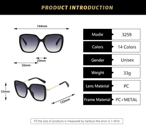 Detailed size guide for square frame sunglasses with frame width 144mm and PC metal material