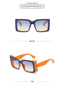 Detailed view of oversized square sunglasses with blue-orange frames and gradient lenses