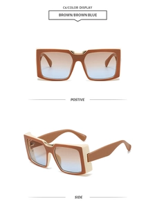 Detail view of square sunglasses with brown frames and cream-colored side accents