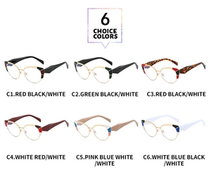 Sei montature per occhiali cat-eye in metallo con design colorati e contrastanti