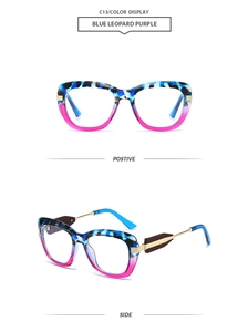 Detail of blue leopard and purple cat-eye frames with side geometric metal temple design
