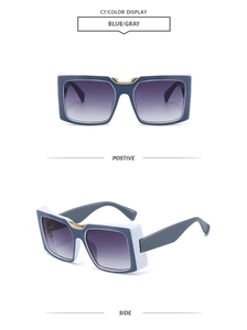 Front and side views of square blue-grey sunglasses with purple gradient lenses and gold accents