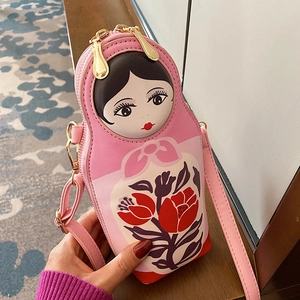 Novelty Russian Matryoshka Doll Shape Crossbody Bag PU Leather Floral Print Quirky Mini Shoulder Bag For Women Girls