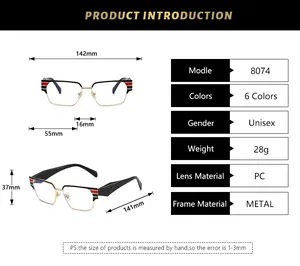 Detailed size chart for square browline glasses showing frame width and temple length