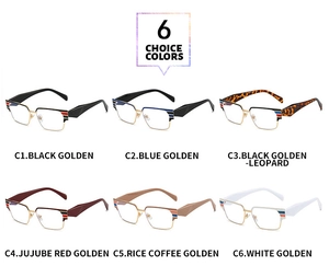 Flat lay of square half-rim glasses frames in six color variants with striped temples