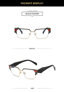 Front and side view of black and golden square eyeglasses with striped temple detail