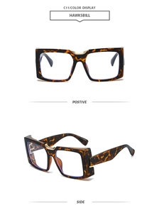 Detailed front and side views of tortoiseshell square sunglasses with blue light lens