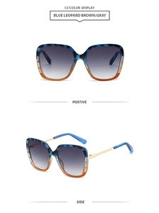 Detail view of square sunglasses featuring blue leopard frames and gold metal temples