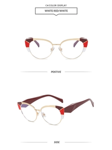 Dettaglio montatura cat eye in metallo con giunzione bicolore rosso e bianco su oro