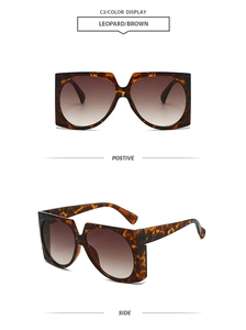 Vue de face et de profil de lunettes de soleil carrées léopard avec verres dégradés marrons