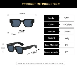 Detailed size chart of retro square sunglasses showing dimensions of the 151mm frame
