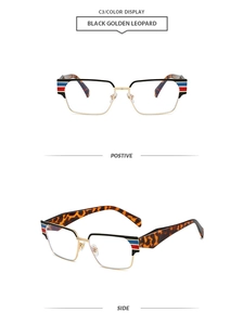 Close-up of square glasses frames in black golden leopard with tri-color stripe detail