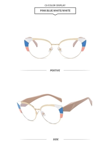 Dettagli degli occhiali cat-eye in metallo con motivo geometrico rosa, blu e bianco
