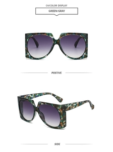 Détails de lunettes de soleil carrées camouflage vert-gris avec verres dégradés violets
