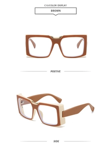 Detailed views of brown square frame sunglasses with blue light blocking lenses
