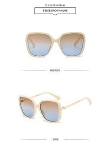 Detail view of beige square sunglasses with brown-blue gradient lenses and gold temples