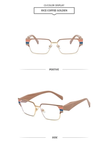 Detail of square glasses with rice coffee golden frame and tricolor temple accents