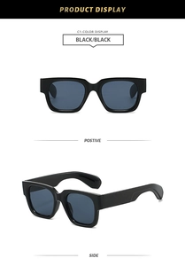 Detail view of retro square black sunglasses with wide temples and high-density frames