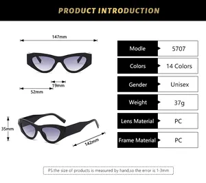 Size chart showing 5707 cat-eye sunglasses dimensions with PC frame and lens specs