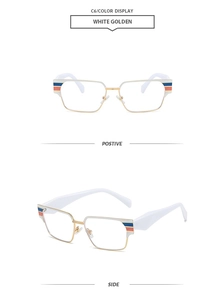 Front and side view of white golden square glasses frame with tricolor temple detail