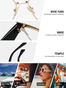 Detail of nose pads, hinges and temples on stylish square frames with lifestyle scenes