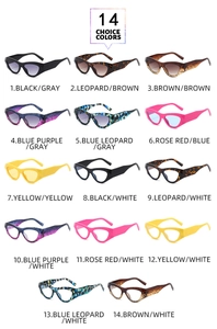 Grid view of 14 pairs of vintage cat-eye sunglasses in multiple patterns and lens colors
