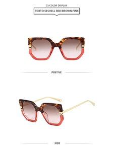 Front and side views of oversized hexagonal tortoiseshell red sunglasses with gold metal temples