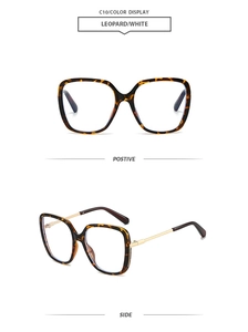 Detailed front and side view of leopard print square frame sunglasses with metal temples