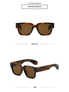Close-up of leopard brown square sunglasses showing front and side views on white background