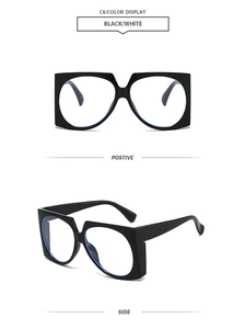Détails face et profil de lunettes carrées noires à monture épaisse anti-lumière bleue