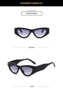 Front and side view of black cat-eye sunglasses with wide temples and gray gradient lenses