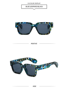 Detail view of square blue leopard print sunglasses with black lenses and side view