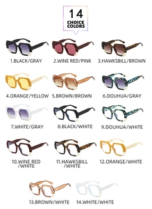 Detailed grid of oversized polygon sunglasses in 14 vibrant fashion color combinations