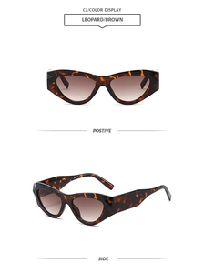 Detail view of leopard cat-eye sunglasses with brown lenses in front and side angles