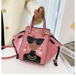 Pink crocodile pattern handbag featuring a stylish woman portrait and metal buckle detail