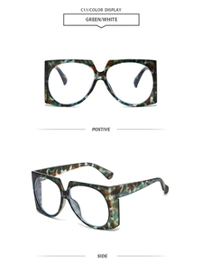 Détails de lunettes carrées surdimensionnées vert et blanc, vues de face et de profil