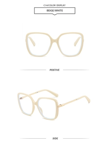 Detailed front and side views of beige square frame glasses with anti-blue light lenses