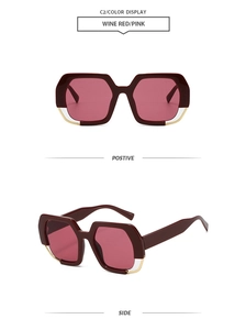 Front and side view of geometric polygon sunglasses in wine red and pink with gold wire trim