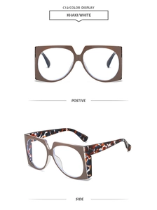 Détail de la monture kaki surdimensionnée et des branches à motifs de lunettes de soleil