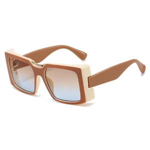Fashionable oversized square sunglasses with brown and beige dual-tone frame and gradient lenses