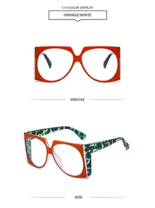 Vues de face et de profil de lunettes de soleil carrées orange à branches marbrées