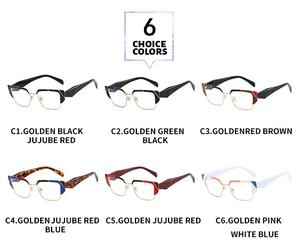 Détails de six options de couleurs pour montures de lunettes carrées en métal demi-cerclées
