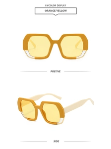 Detail view of stylish orange and yellow geometric oversized frame sunglasses with side view