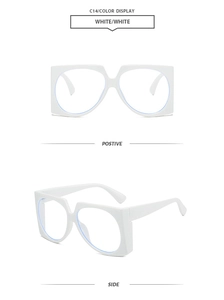 Détail macro de lunettes blanches à monture épaisse montrant les vues avant et latérales