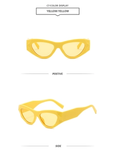 Detailed views of bright yellow cat eye sunglasses with thick frames from side and front